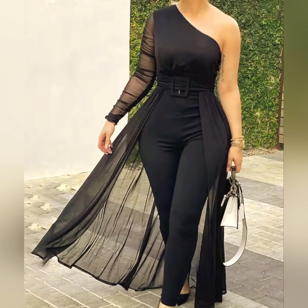 One Shoulder Jumpsuit with Attached Wrap Skirt
